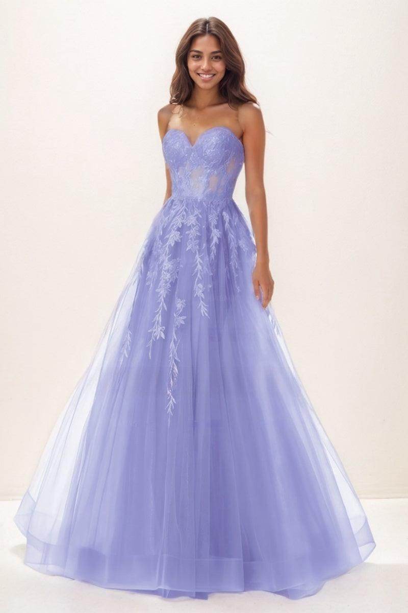 Sweetheart Illusion Corset Sweep Train Lace/Tulle Prom Dresses CS0739 - COCOMELODY